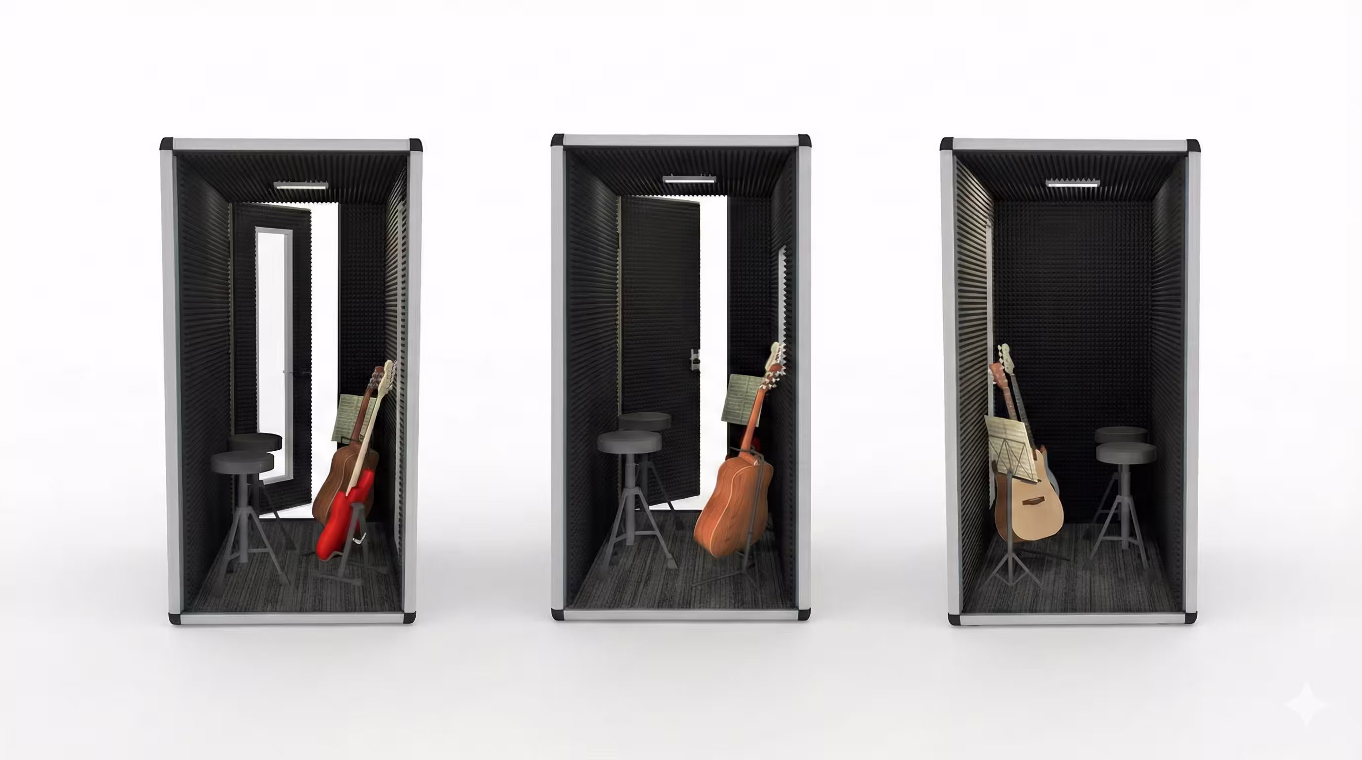 Akustik vokal kabini detay görüntüsü — ses emici iç yüzey ve konfor donanımları