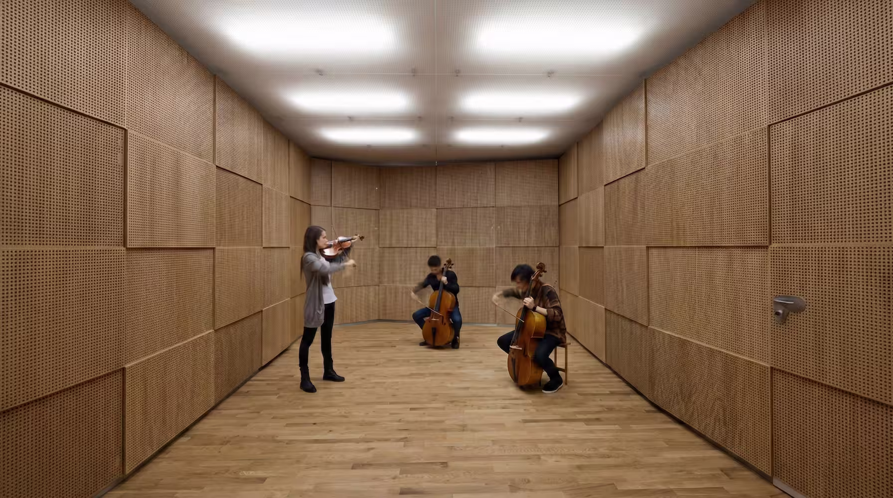 Derzli delikli akustik ahşap panel uygulaması — modern iç mekânlarda estetik derz çizgisi ve akustik konfor