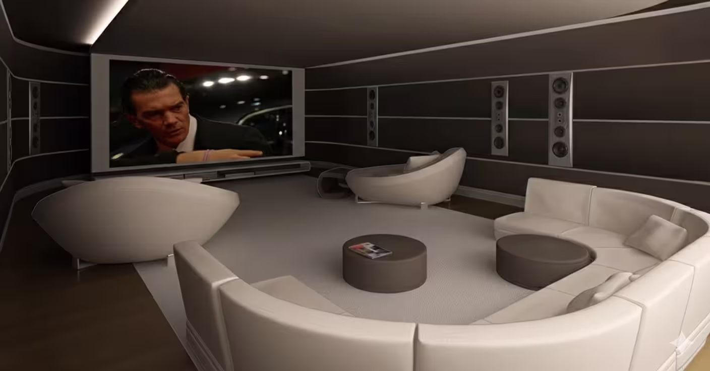 Ev sineması akustiği uygulaması — net diyalog, güçlü surround sahne ve yankı kontrolü