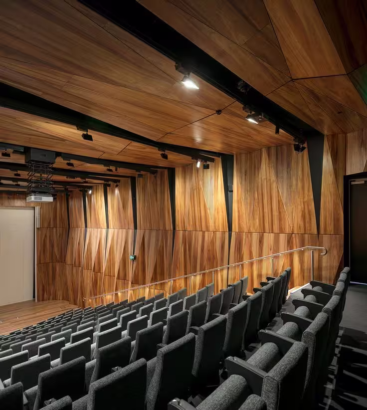 Konferans salonu akustiği detay — konuşma anlaşılabilirliği için akustik iyileştirme