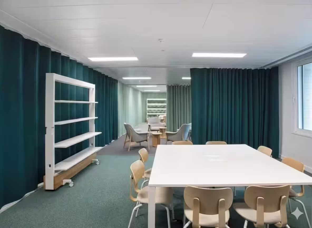 Ofis akustik perde detay görüntüsü — modern ofis dekorasyonuna uyumlu akustik perde dokusu